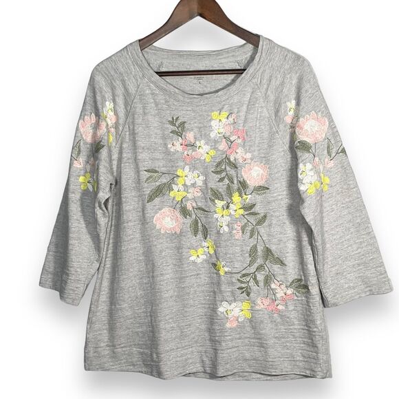 Loft Sweater Womem Size L Gray Floral Embroidery‎ Raglan Long Sleeve Stretch - Picture 1 of 11